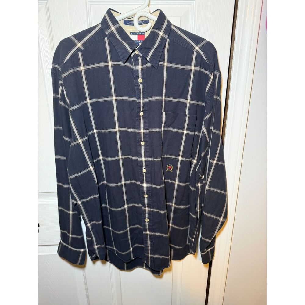 Tommy Hilfiger Mens L Blue Plaid Button Front Shirt Long Sleeve Cotton